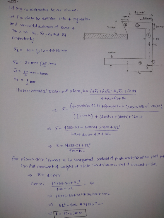 40mm Tomm 2omm, Letny co-ordinates be as shown. Let the plate be divided into 4 segments. and centroidal distances of these 4