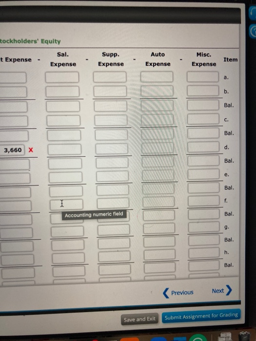 tockholders Equity Auto t Expense Sal. Expense Supp. Expense Misc. Expense Item Expense a. b. Bal. c. Bal. d. 3,660 X Bal. e