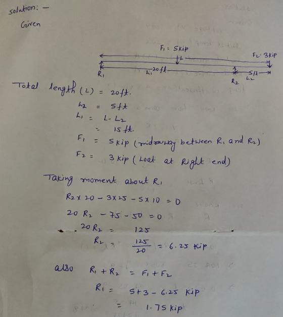 solution: - Given F = Skip F2 = 3 kip h2oft- SH Total length (2) = 20 ft. ha = stt no h = L-L2 - ist. Fi = Skip (midro way be
