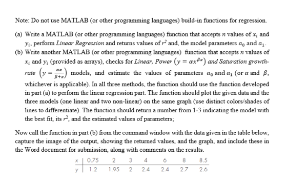 Note: Do not use MATLAB (or other programming languages) build-in functions for regression. (a) Write a MATLAB (or other prog