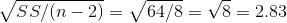 \sqrt{SS/(n-2)} = \sqrt{64/8} = \sqrt{8} = 2.83
