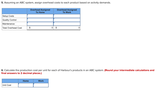 5. Assuming an ABC system, assign overhead costs to each product based on activity demands. Overhead Assigned To Home Overhea