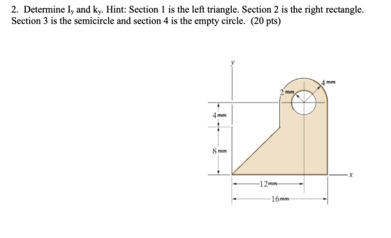 2. Determine ly and ky. Hint: Section 1 is the left triangle. Section 2 is the right rectangle. Section 3 is the semicircle a