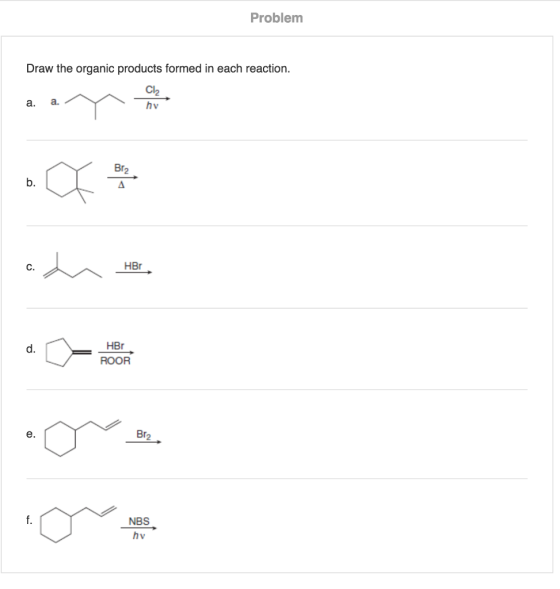 Problem Draw the organic products formed in each reaction. Cill ? Br2 b. C. HBr HBr ROOR d. e. Br NBS ive