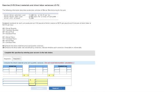 Exercise 21-15 Direct materials and direct labor variances LO P2 The following information describes production activities of