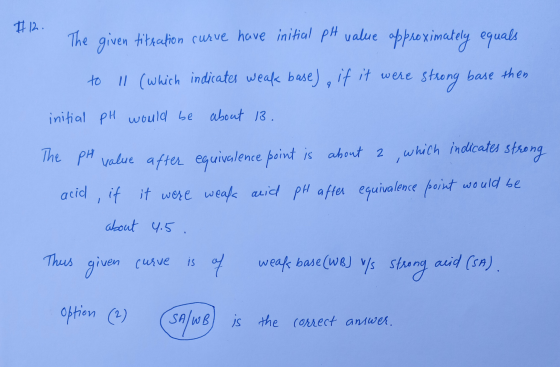 # 12 . The given titration curve have initial pH value approximately equals to ll (which indicates weale base), if it were st