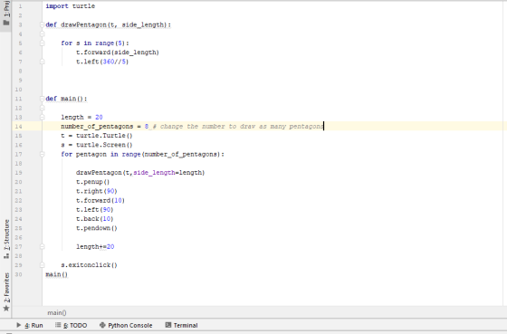 1. Proj import turtle 3 def drawPentagon(t, side_length): 5 for s in range (5): t.forward (side_length) t.left (360/75) 7 8 9