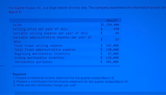 The Alpine House, Inc., is a large retailer of snow skis. The company assembled the information shown bel March 31 Sales Sell