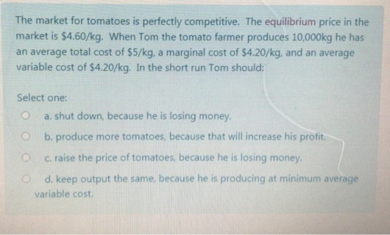 The market for tomatoes is perfectly competitive. The equilibrium price in the market is $4.60/kg. When Tom the tomato farmer