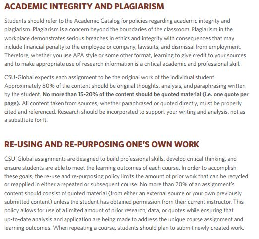 ACADEMIC INTEGRITY AND PLAGIARISM Students should refer to the Academic Catalog for policies regarding academic integrity and