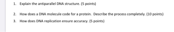 1. Explain the antiparallel DNA structure. (5 points) 2. How does a DNA molecule code for a protein. Describe the process com