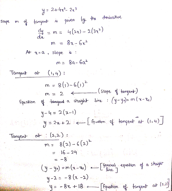 y = 2+422 223 slope in of tangent is given by the derivative clue = m = 4(22) – 2(372) m=8x-6x² . At a=a, slope is: m= 8a-6a?