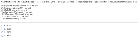 Given the following data, calculate the cost of goods sold for the 04/15 sale using the weighted average method for a perpetu