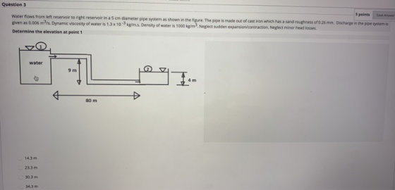 Question 3 s points Save Angup Water flows from left reservoir to right reservoir in a 5 cm diameter pipe system as shown in