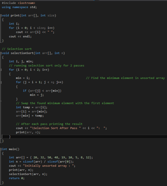 #include <iostream> using namespace std; void print(int arr[], int size) |{ int i; for (i = 0; i < size; i++) cout <« arr[i]