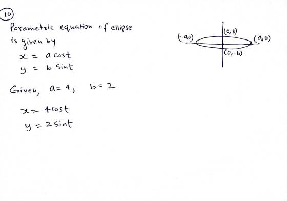 llo,b) la (910) (09-b) Parametric equation of ellipse is given by x= a cost y = b sint Given, a=4, b=2 X= 4cost y=2 sint