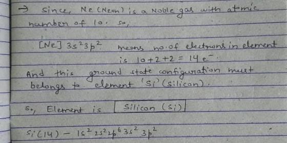 ₂ since, Ne (Neon) is a Noble hamber of lo so, gas with atmic [Ne] 35236² means no. of electrowns in element is 10+2+2 = 14 e