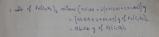 mole of Felcsts) contains [55084 +2/5x12:01+ = [55.84 + 2 *65.09] 9 of Felests) = 186.02 g of Fe (Cs As)