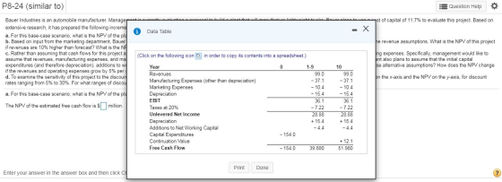 P8-24 (similar to) Question Help O a st of capital of 11.7% to evaluate this proiect. Based on X he revenue assumptions. What