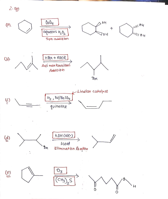 2. Sol OH aqueovs H,0 rillOH DH Syh acdition HB9RDOR (b) Anti mar kovni kovs Adblitio n Bл Lindlar catalyst H2, Pdl/BaS0y ui