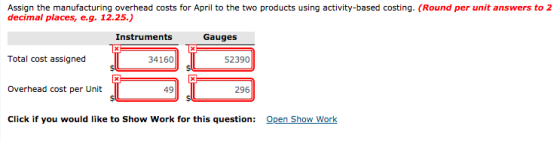 Assign the manufacturing overhead costs for April to the two products using activity-based costing. (Round per unit answers t
