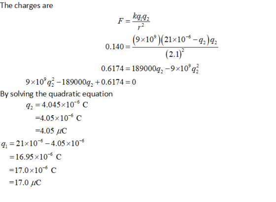 The charges are .2 (9x109)(21x10-6-4)22 0.140 = 0.6 174= 189000g,-9x10a, 9x10-189000g +0.6174 By solving the quadratic equation 24.045x10-6 C =4.05x10-6 C =4.05 91-21x10-6-4.05x10-6 16.95x10- C = 17.0×10-6 C =17.0