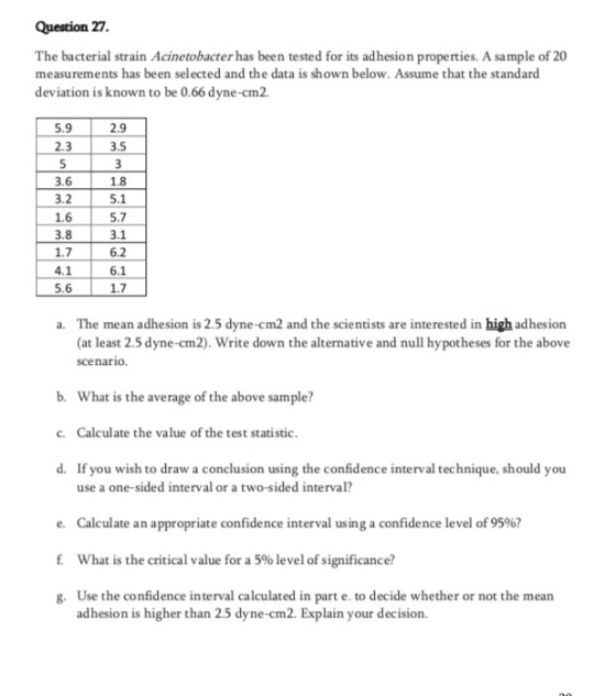 Question 27. The bacterial strain Acinetobacter has been tested for its adhesion properties. A sample of 20 measurements has