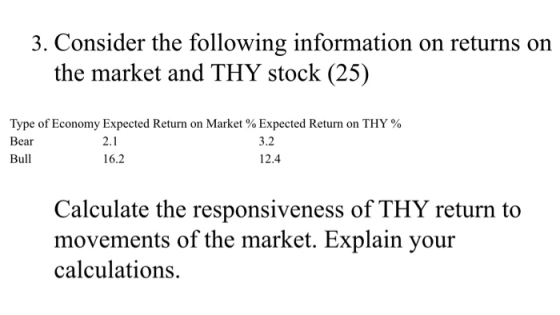 3. Consider the following information on returns on the market and THY stock (25) Type of Economy Expected Return on Market %