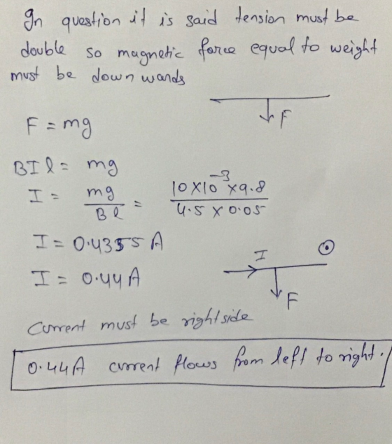 In question it is said tension must be double so magnetic force equal to weight must be down words F F = mg BID = mg mg loxlo