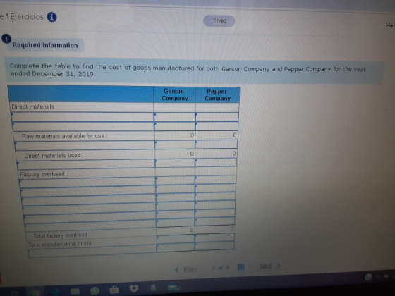 e 1 Ejercicios i Saved Hel Required information Complete the table to find the cost of goods manufactured for both Garcon Com