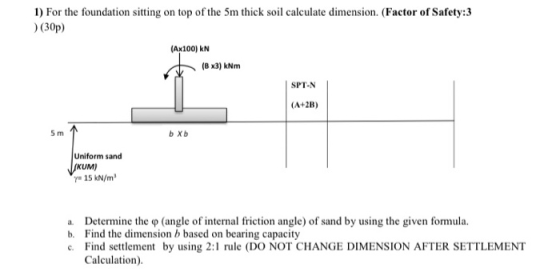 1) For the foundation sitting on top of the 5m thick soil calculate dimension. (Factor of Safety:3 (30p) (AX100) KN (B x3) kN