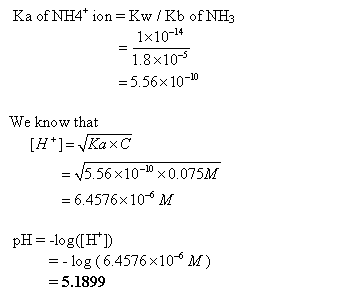 Ka of NH4 ion-Kw /Kb of NH3 1x1014 1.8x10-3 556x10-ю We know that 15.56x10-10 x 0.075M 6.4576x 106 M pH- log(H -log (6.4576x