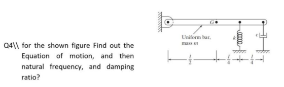 G c 11 k Uniform bar, mass m Q4|| for the shown figure Find out the Equation of motion, and then natural frequency, and dampi