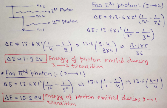 1=2 lu n=1 4 For Ist photon ( 32) Ist Photon AE=+13.682²1 ㅗ Ind Photon n² AE=13.6813 3² DE 13.6 XV 13.6/9-4 9 13.685 Ахч 36 A