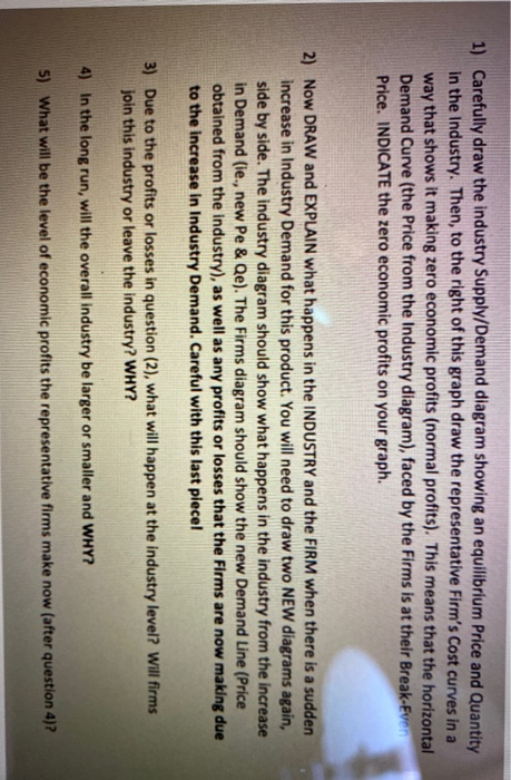1) Carefully draw the industry Supply/Demand diagram showing an equilibrium Price and Quantity in the industry. Then, to the