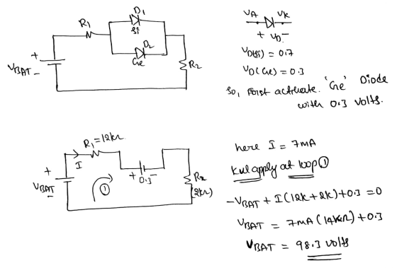 VA RI uk DI si + up. Q Cré You) - 017 Voice)=03 UBAT • R2 Gel Diode so, Forst actirate. with 0.3 volts. Ri=12kh here I = IMA