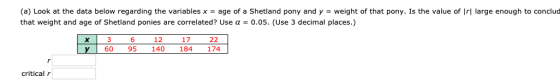 (a) Look at the data below regarding the variables x = age of a Shetland pony and y = weight of that pony. Is the value of Ir