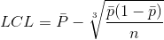 LCL=\bar{P}-\sqrt[3]{\frac{\bar{p}(1-\bar{p})}{n}}