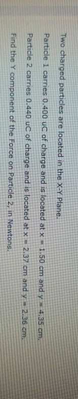 Two charged particles are located in the X-Y Plane. Particle 1 carries 0.400 uC of charge and is located at x 1.50 cm and y-4.35 cm, Particle 2 carries 0.440 uC of charge and is located at x 2.37 cm and y 2.36 cm. Find the Y component of the Force on Particle 2, in Newtons.