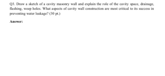 Q3. Draw a sketch of a cavity masonry wall and explain the role of the cavity space, drainage, flashing, weep holes. What asp