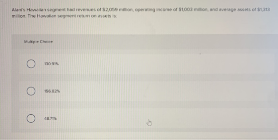 Alanis Hawaiian segment had revenues of $2,059 million, operating income of $1,003 million, and average assets of $1,313 mil