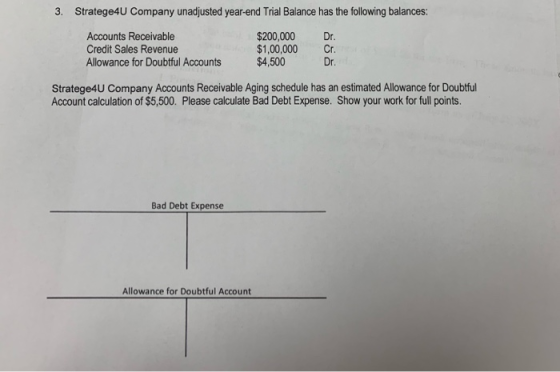 3. Stratege4U Company unadjusted year-end Trial Balance has the following balances: Accounts Receivable Credit Sales Revenue