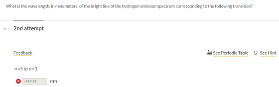 What is the wavelength, in nanometers, of the bright line of the hydrogen emission spectrum corresponding to the following tr