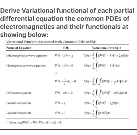 Derive Variational functional of each partial differential equation the common PDEs of electromagnetics and their functionals