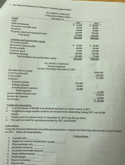 7. The financial statements of Elcamino Company appear below: ELCAMINO COMPANY Comparative Balance Sheet December 31, Assets