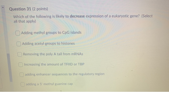 Question 31 (2 points) Which of the following is likely to decrease expression of a eukaryotic gene? (Select all that apply)