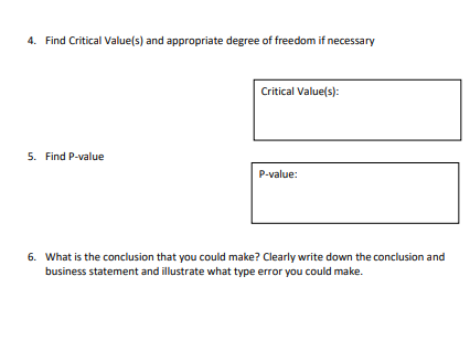 4. Find Critical Value(s) and appropriate degree of freedom if necessary Critical Value(s): Find P-value P-value: 6. What is
