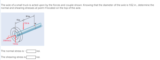 The axle of a small truck is acted upon by the forces and couple shown. Knowing that the diameter of the axle is 1.62 in., de