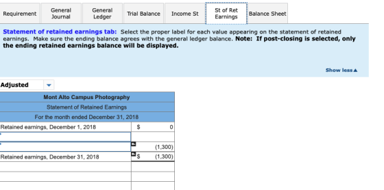 Requirement General Journal General Ledger Trial Balance Income St St of Ret Earnings Balance Sheet Statement of retained ear