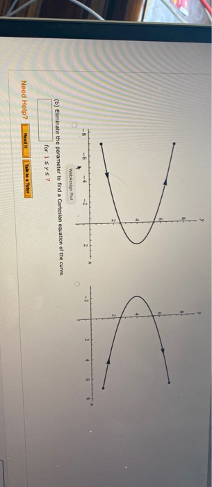 2 + 6 (b) Eliminate the parameter to find a Cartesian equation of the curve. for 1sYS 7 Need Help?